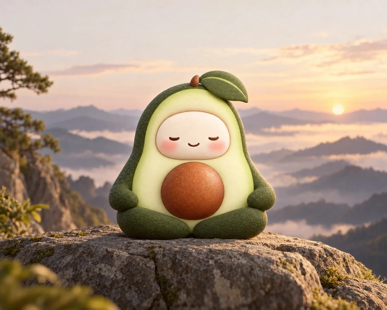 The $AVOCADO mascot sitting cross-legged on a mountain rock at sunrise, eyes closed